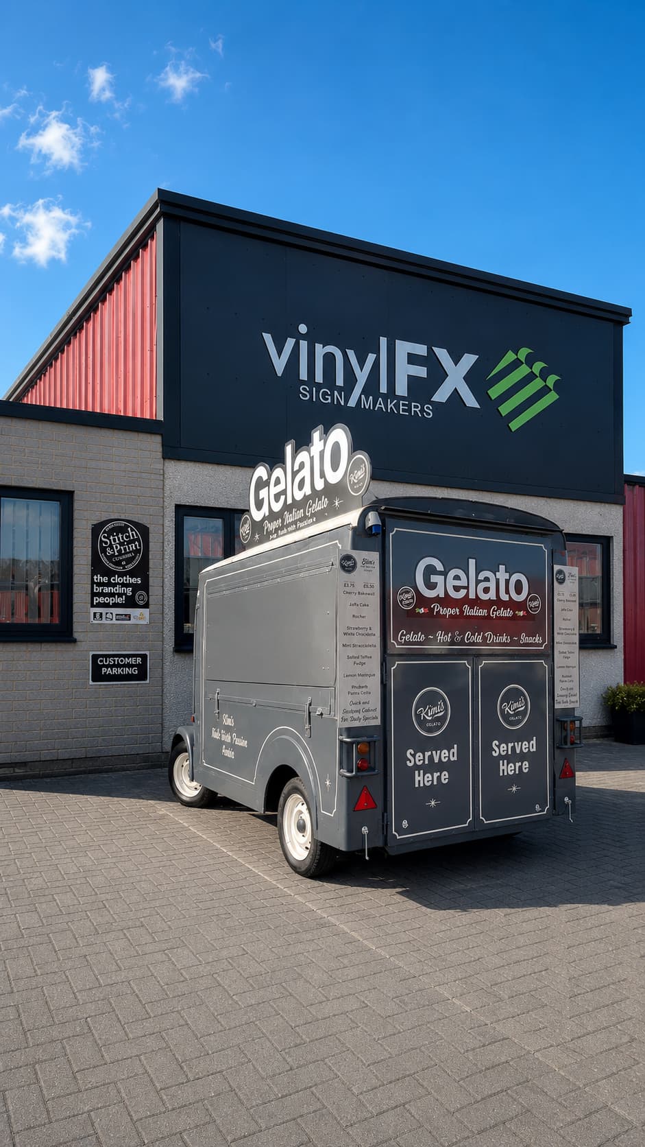 VinylFX Penrith workshop with a Kimi's Gelato wagon wrapped by VinylFX — sign makers and vehicle graphics Cumbria