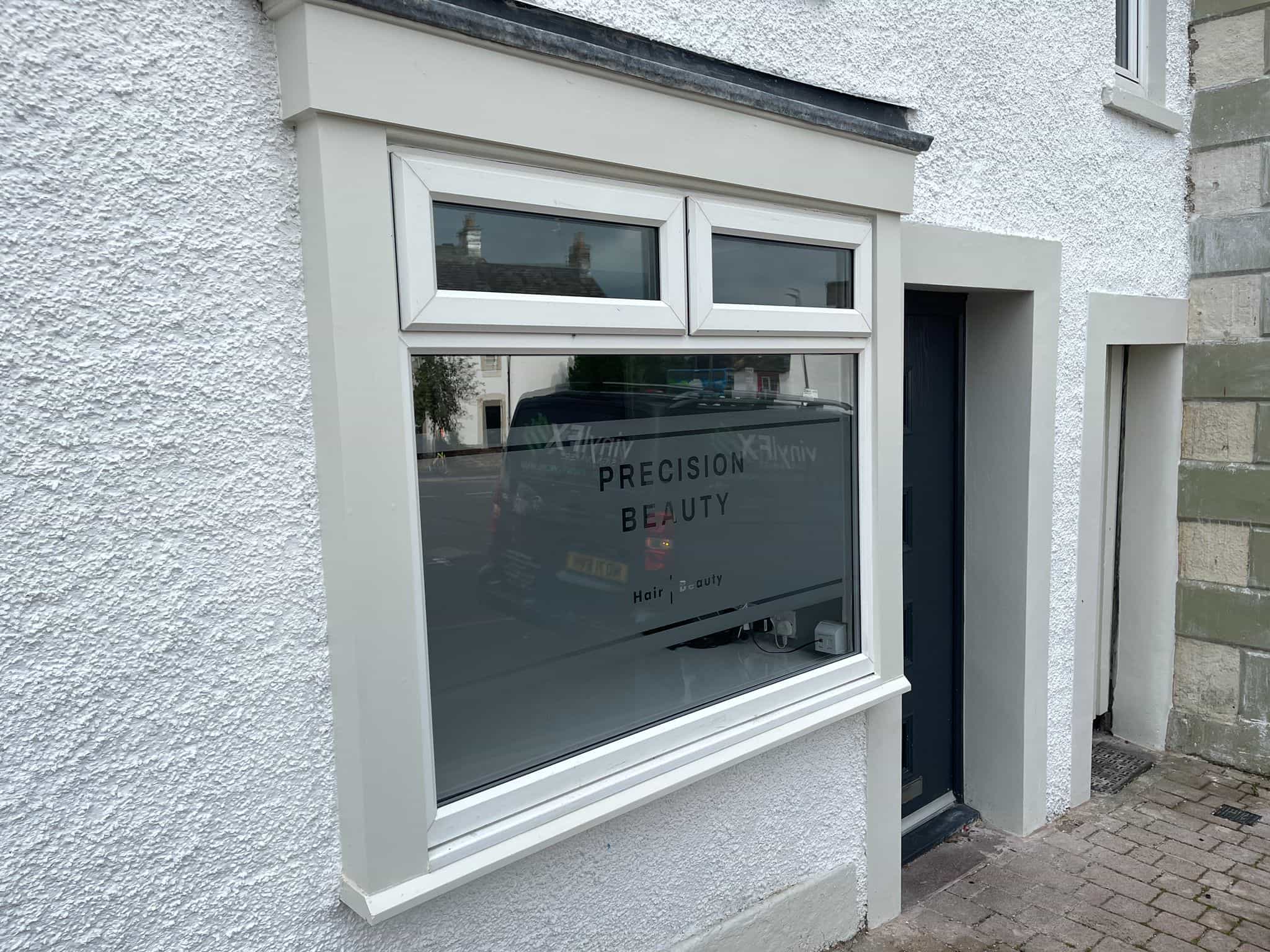 Precision Beauty frosted window vinyl by VinylFX — window graphics Penrith Cumbria